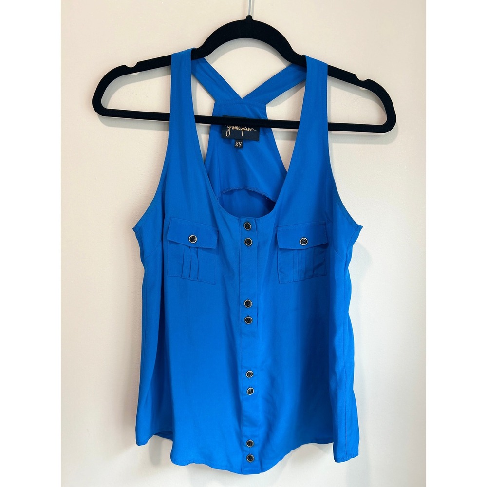 Yumi Kim Blue Cobalt 100% Silk Utility Tank Top Button Front Pockets XS Resort